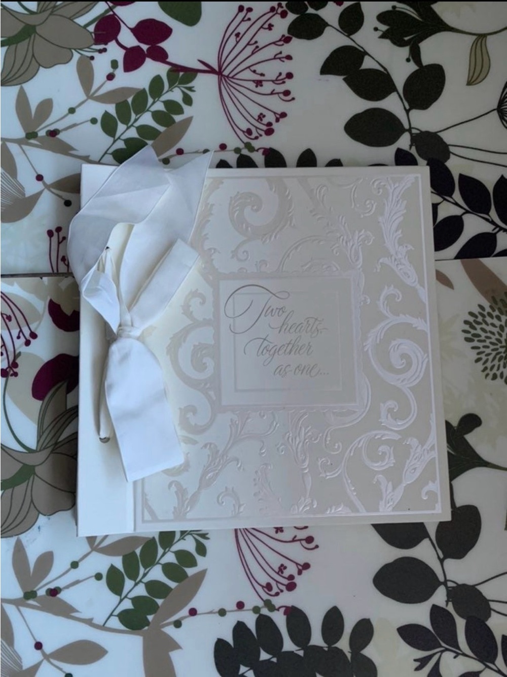 Elegant White Embossed Wedding Guest Book with Ribbon